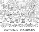 Vector black and white searching game with garden landscape. Find objects. Spot hidden watering can, bird. Line seek and find printable activity, coloring page for kids. Spring worksheet with gardeners
