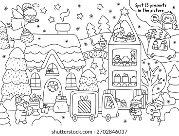 Vector black and white searching game with Christmas village landscape. New Year line seek and find activity, coloring page for kids. Winter holiday worksheet with Santa Claus house, toy factory

