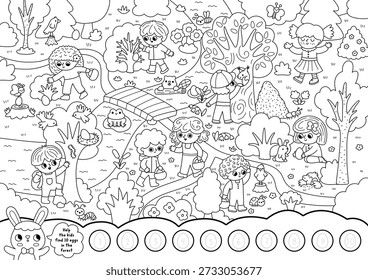 Vector black and white searching game with Easter egg hunt landscape. Spot ten hidden eggs in forest. Woodland line seek and find printable activity for kids. Spring holiday worksheet, coloring page

