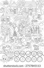 Vector black and white searching game with garden landscape. Find objects. Spot hidden plant, flower, bee, cat, chick. Line seek and find printable activity for kids. Spring worksheet, coloring page

