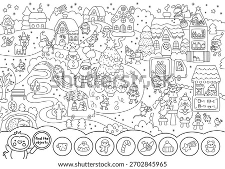 Vector black and white searching game with Christmas village landscape. New Year line seek and find activity, coloring page for kids. Winter holiday worksheet with tree, elf, animals, Santa Claus
