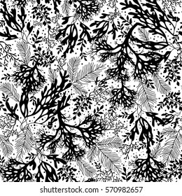 Vector Black and White Seaweed Texture Seamless Pattern Background. Great for elegant gray fabric, cards, wedding invitations, wallpaper.