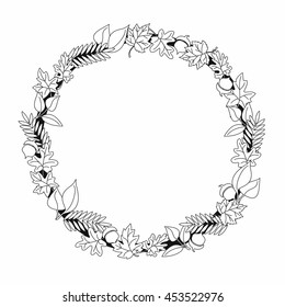 Vector black and white set of autumn leaves round frames
