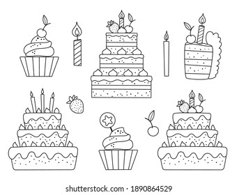 Vector black and white set with birthday cakes, candles and cupcakes. Cute outline meal or candy bar elements. Funny dessert illustration for card, poster, print design. Holiday line icons. 
