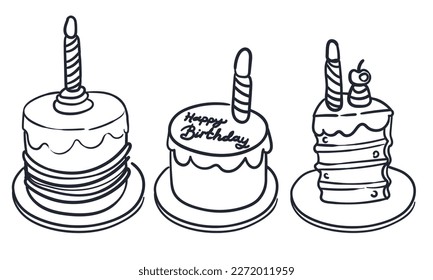 Conjunto vectorial blanco y negro con pasteles de cumpleaños, velas y quequitos. Comida de contorno o elementos de barra de caramelos. Graciosa ilustración de postre para tarjeta, afiche, diseño de impresión. Iconos de línea de vacaciones.