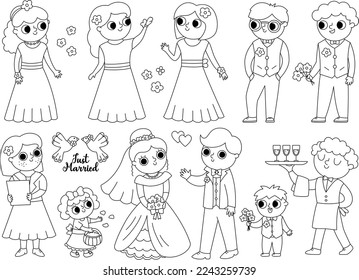 Vector black and white set with bride, groom and their guests. Cute just married couple with bridesmaids, bridegrooms, children, waiter, registrar. Wedding ceremony coloring page
