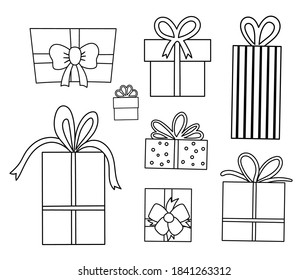 Vector black and white set of cute presents with bows. Funny birthday or Christmas gift boxes collection. Bright holiday illustration for kids. Cheerful celebration coloring page.

