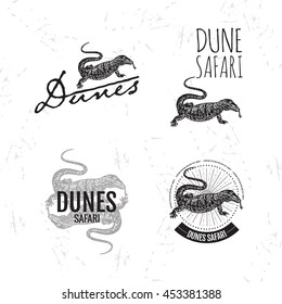 Vector black and white set with desert Varan. The desert Varan as main element of logotypes on white background.