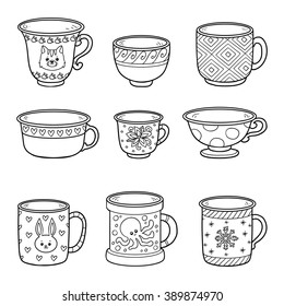 Vector black and white set with different empty cups. Cheerful set of dishes for children