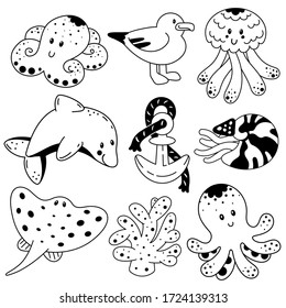 Vektorschwarz-weißer Satz lustiger Meerestiere. Illustration im Stil von Cartoons, Doodle, süße Kinderfiguren mit Lächeln - Quallen, Dolphin, Seagull, Stingray, Nautilus.