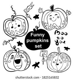Vector black and white set of funny pumpkins. Halloween, autumn holidays smiling pumpkin isolated on white background.