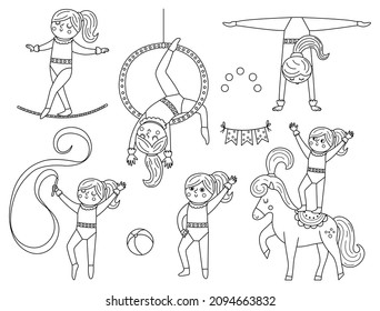 Vector black and white set with gymnast girls with hoop, horse, ribbon. Cute funny acrobat. Circus or sport artist outline clipart. Amusement holiday line icons. Festival characters coloring page
