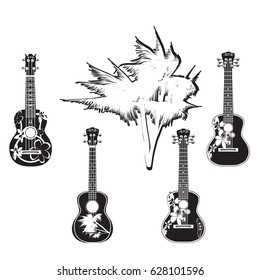 Vector black and white set of hawaiian guitars. Traditional and electric ukulele, string plucked musical instruments isolated in flat style.