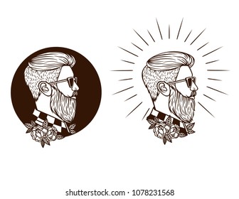 Vector black and white set of hipster labels. Silhouette of hipster guy in profile for barber shop. Elements for logo and tattoo in hipster style