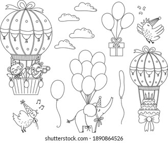 Vector black and white set with hot air balloons, cute animals, birds and clouds. Adorable outline flying characters pack. Funny birthday party clipart collection. Holiday line icons for kids