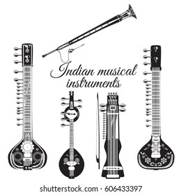 Vector black and white set of indian musical instruments, flat style. Sarangi, sitar, saraswati veena and shehnai icons isolated on white background.
