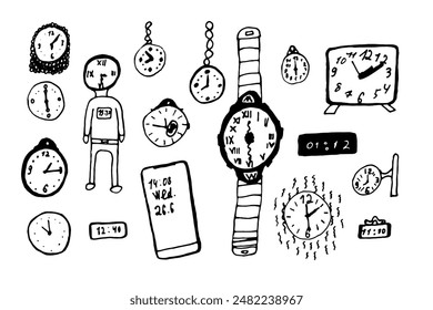 Vector black and white set of isolated clocks and time, hand drawn doodles on white background. Vintage watches of different types.