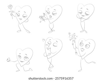 Vector black and white set of isolated characters of loving hearts on a white background: giving a flower, guessing on a daisy, hugging, blowing kisses, proposing marriage, with clapperboard festive.