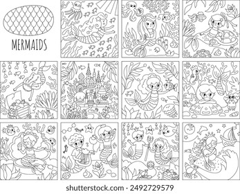 Vector black and white set of landscape illustrations with mermaid. Ocean or sea kingdom line scenes collection with marine princess, castle, treasure chest, prince. Square fairytale coloring page
