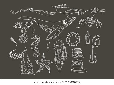 Conjunto vectorial blanco y negro de habitantes marinos. Tablero recubierto de ballena pintada, medusas y cangrejo.