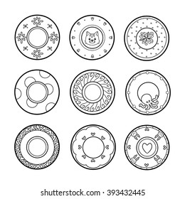 Vector black and white set of plates with various patterns. Nine cute plates with animals and geometric ornaments