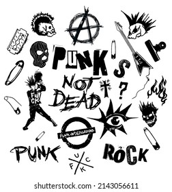 Vector black and white set of punk and anarchy symbols, skulls, guitars and typography design in the style of 70s punk rock style.