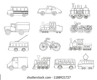 Vector black and white set of retro engines and transport. Vector illustration of vintage trains, bus, tram, trolleybus, car, bicycle, bike, van, truck isolated on white background