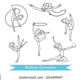 Vector black and white set of rhythmic gymnastics.  Cartoon girl with the ball, with clubs, ribbon, skipping rope and hoop