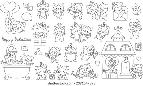 Vector black and white set of Saint Valentine day cats. Kitten pair kissing, hugging, playing. Cute funny kawaii line illustration or coloring page for kids with love concept. Kitty with hearts