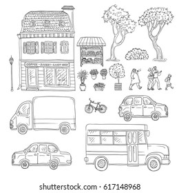 Vector black and white set of sketch illustration vintage European home, trucks and cars, coming people. Kit of outdoor plants and flowers in pots