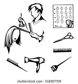 Vector Black And White Set Of Tools For Hairdressers Cutting And Styling Hair, Coloring Hair In A Beauty Salon