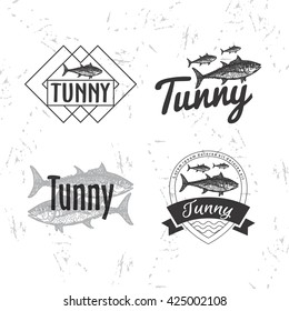 Vector black and white set with tuna fish. The tuna as main element of logotypes on white background