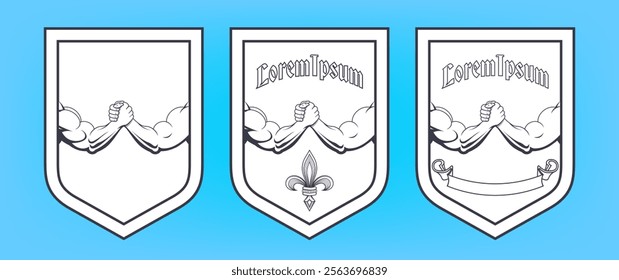 Vector black and white set of vintage heraldic emblems and coats of arms. Knight shield with powerful muscular male arms, arm wrestling. Stylistic lily and empty ribbon pattern. Sample. Lorem ipsum