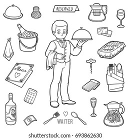Vector black and white set with waiter and objects from the restaurant