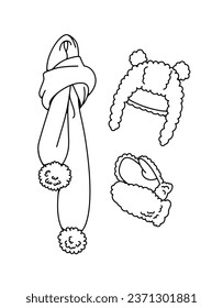 Vector black and white set of winter hat, scarf with ponponomi and fur mittens. Children's accessories.