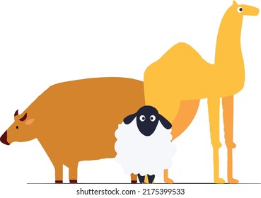 vector of a black white sheep, brown cow and gold camel, with full body close-up. animals farm concept template.