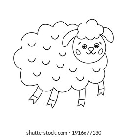 Vector black and white sheep icon. Outline cute smiling farm animal isolated on white background. Adorable ewe illustration for kids. Funny spring character or coloring page