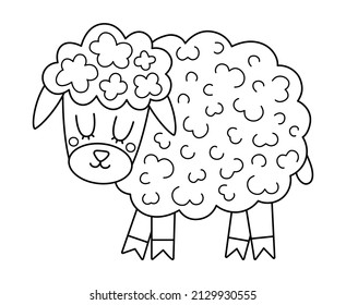 Vector black and white sheep icon. Cute outline cartoon female ewe illustration for kids. Farm animal isolated on white background. Colorful cattle picture or coloring page for children
