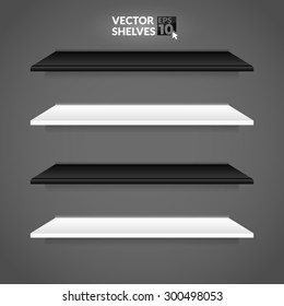 Vector black and white shelves on light background. Vector set of shelves.