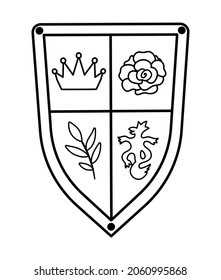 Vector black and white shield icon. Fairy tale knight line armor with royal power symbols. Fairytale soldier sword. Cartoon medieval weapon illustration or coloring page
