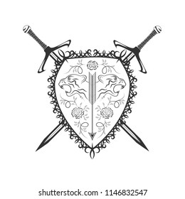 Vector black and white shield with tigers, arrow and roses and two crossed swords on white background. Sketch of tattoo design in a gothic style.