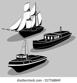 Vector black and white Ships image design set for your illustration, postcards, poster, labels, stickers and other design needs.