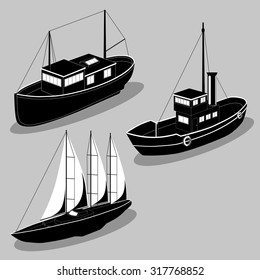 Vector black and white Ships image design set for your illustration, postcards, poster, labels, stickers and other design needs.