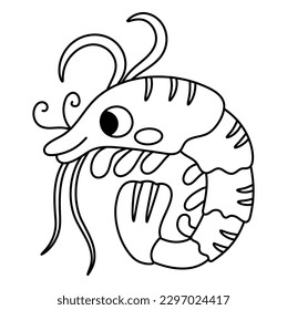 Vector black and white shrimp icon. Under the sea line illustration with cute funny prawn fish. Ocean animal clipart. Cartoon underwater or marine clip art or coloring page for children
