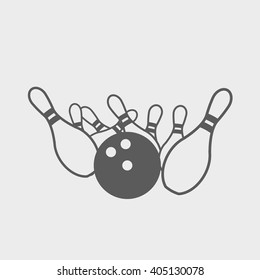 Vector black and white sign or symbol illustration of bowling. Bowling ball knocks down pins.