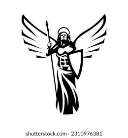 Vector black and white silhouette of an angel with wings and a shield