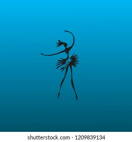 Vector black white Silhouette ballerina dancer young slim elegant girl logo symbol cartoon flat figure on blue gradient background isolate illustration poster