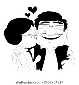 vector black and white silhouette of an elderly couple
