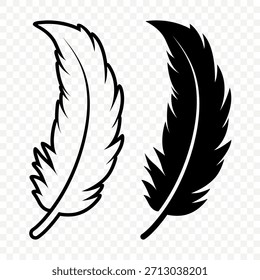 Vector Black and White Silhouette Fluffy Feather Icons. Silhouette Feather Closeup, Isolated. Flamingo, Angel, Bird Feather Design Template. Lightness and Freedom Concept