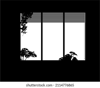 Vector black and white silhouette of home window with plants and shutters suitable for layer mask or backgrounds.